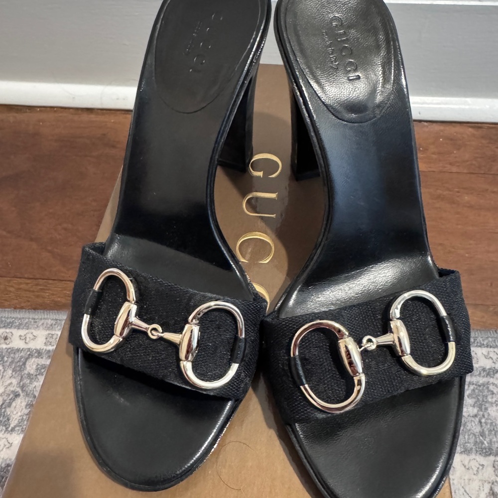 Gucci Black Leather Slide Mules with Gold Horsebit Hardware